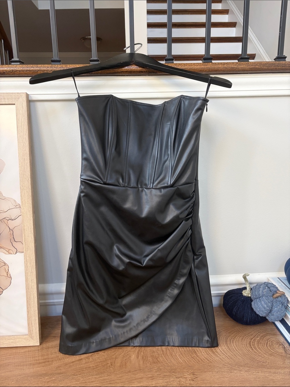 Zara S Strapless Black Faux Leather Mini Dress